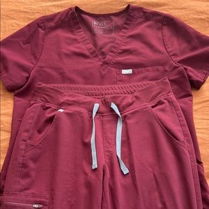 Figs Maroon Scrub Set with Light grey Drawstrings